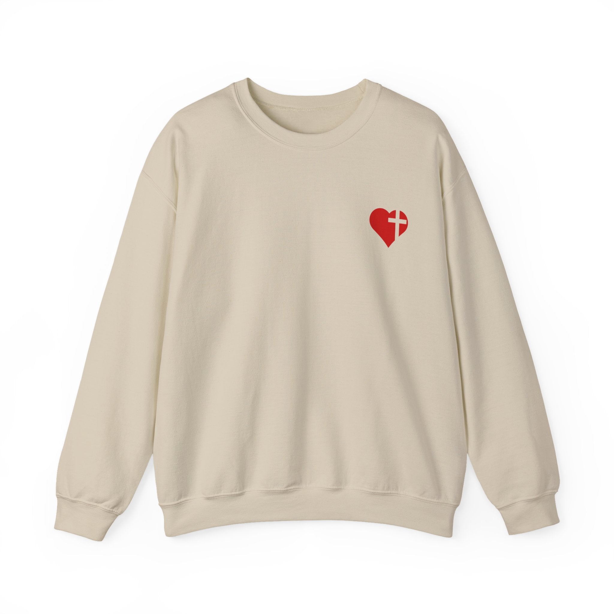Crewneck Sweatshirt — Vintage Red Rose Bouquet with Broken Heart & 'Romance Is Love, Jesus' Design
