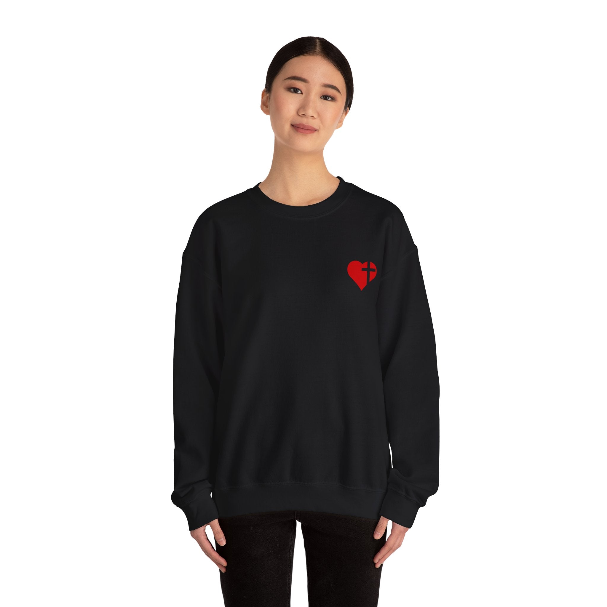 Crewneck Sweatshirt — Vintage Red Rose Bouquet with Broken Heart & 'Romance Is Love, Jesus' Design