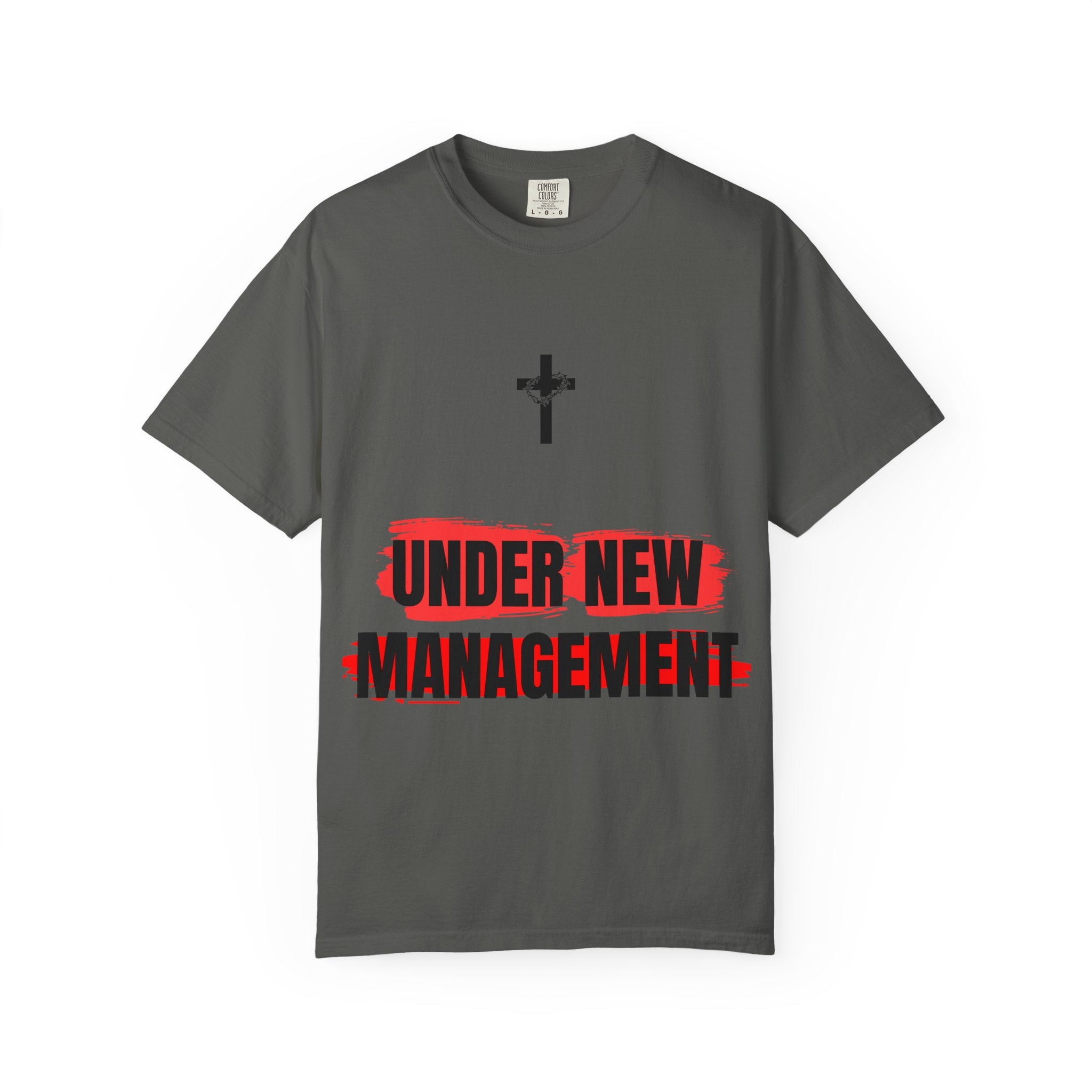 T-Shirt — "Under New Management" Christian Cross Graphic (2 Corinthians)