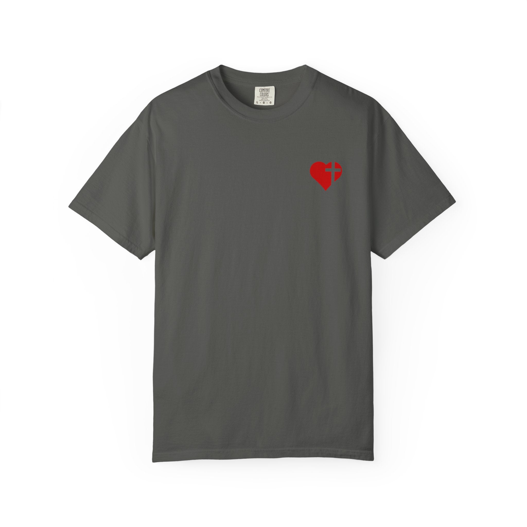T-Shirt — Jesus Hand Offering Red Rose Bouquet with Heart & Cross