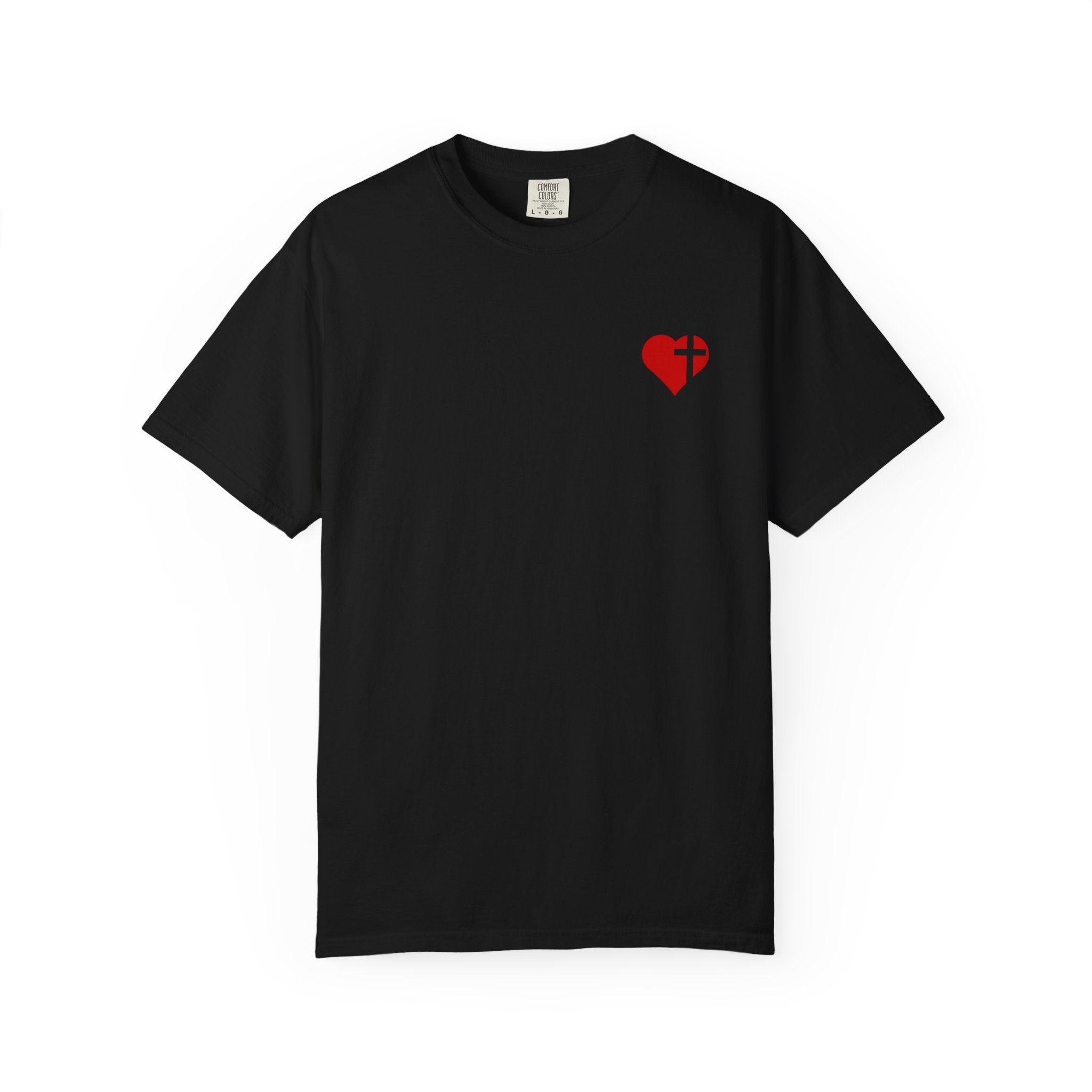 T-Shirt — Jesus Hand Offering Red Rose Bouquet with Heart & Cross