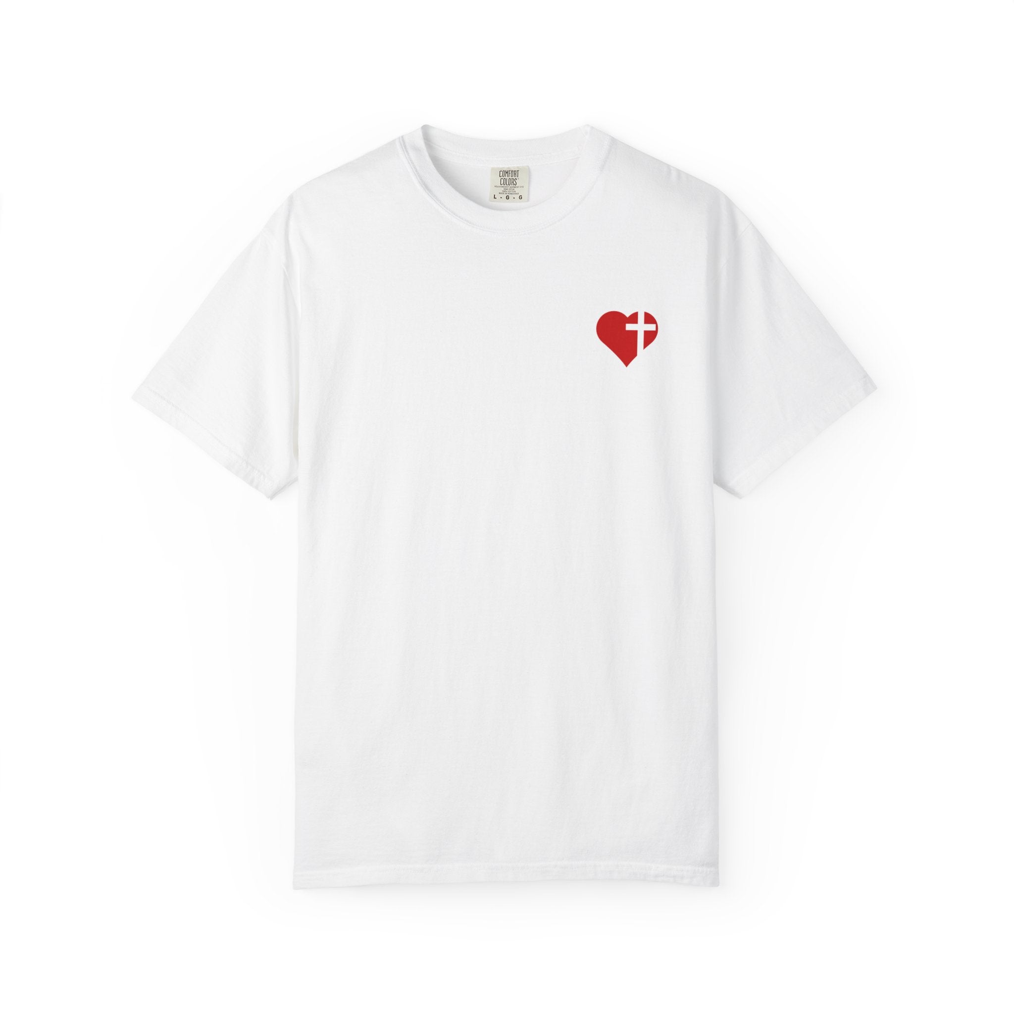 T-Shirt — Jesus Hand Offering Red Rose Bouquet with Heart & Cross