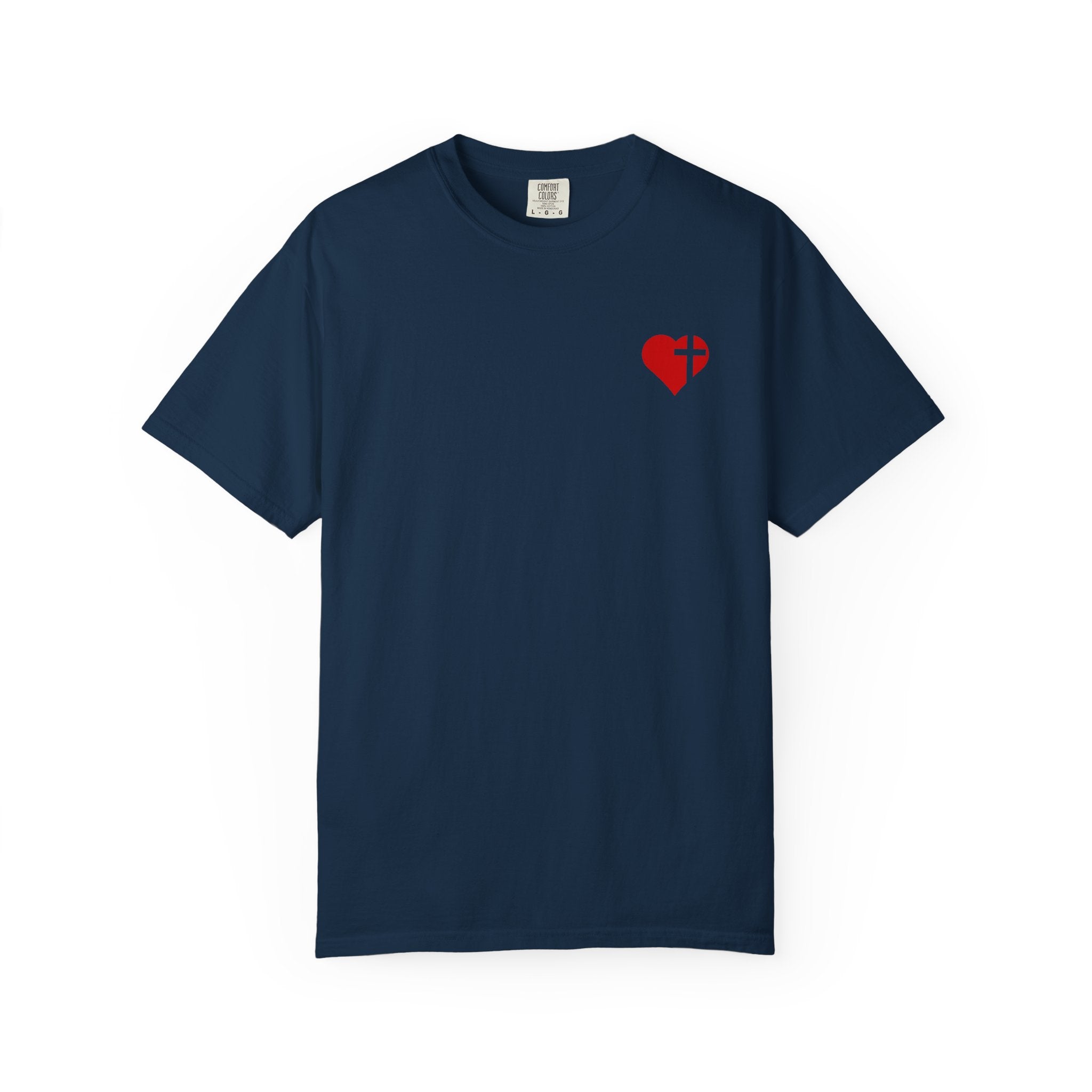 T-Shirt — Jesus Hand Offering Red Rose Bouquet with Heart & Cross