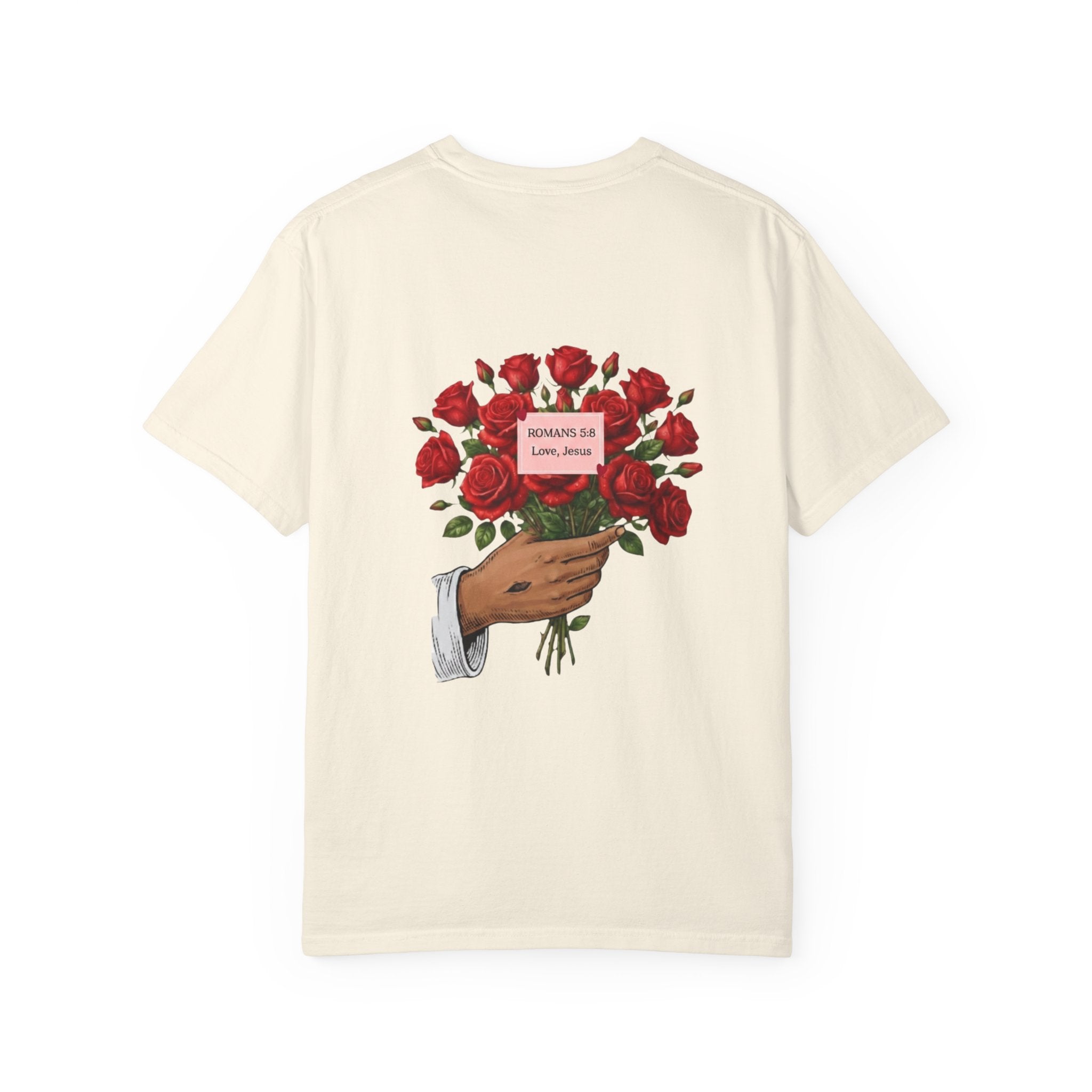 T-Shirt — Jesus Hand Offering Red Rose Bouquet with Heart & Cross