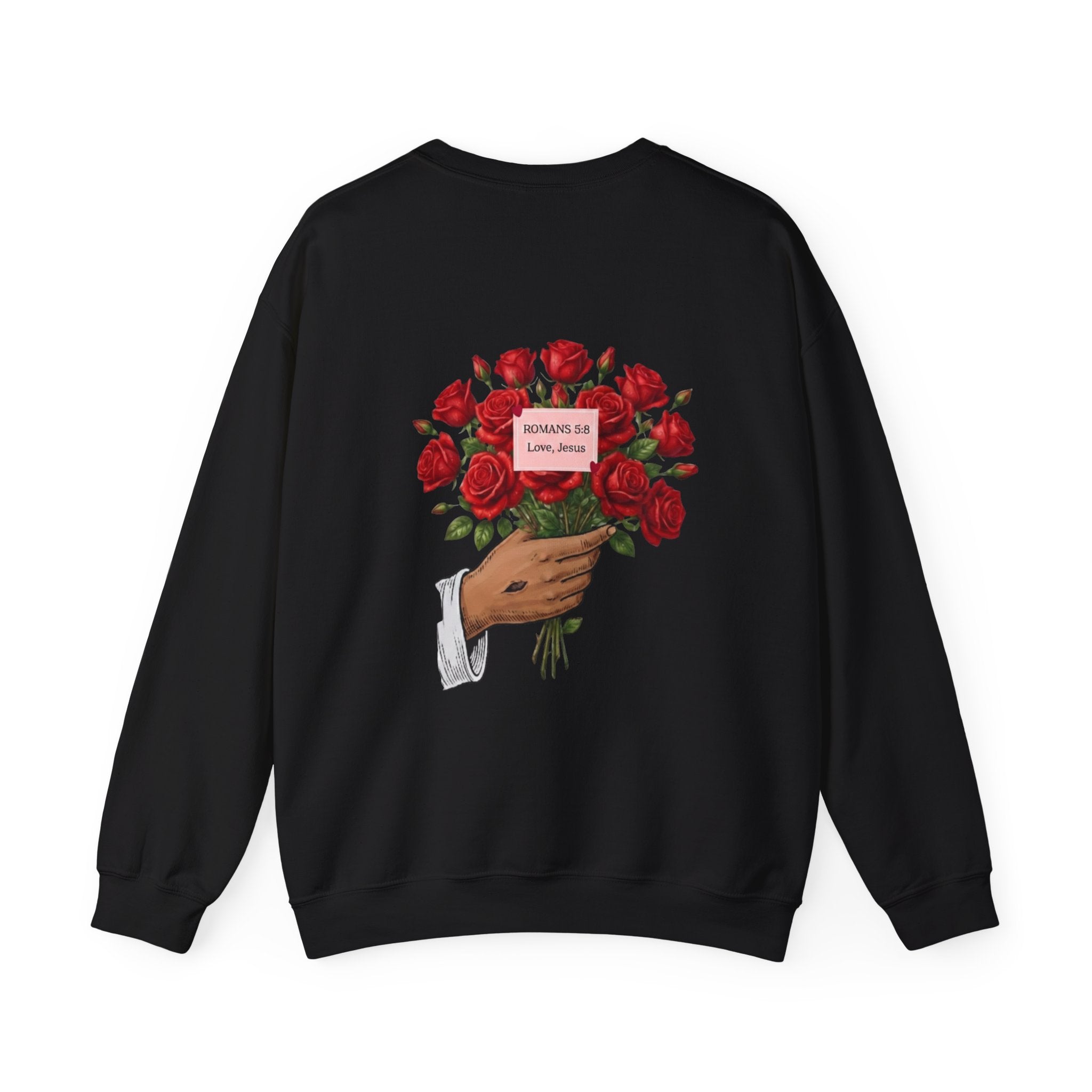 Crewneck Sweatshirt — Vintage Red Rose Bouquet with Broken Heart & 'Romance Is Love, Jesus' Design