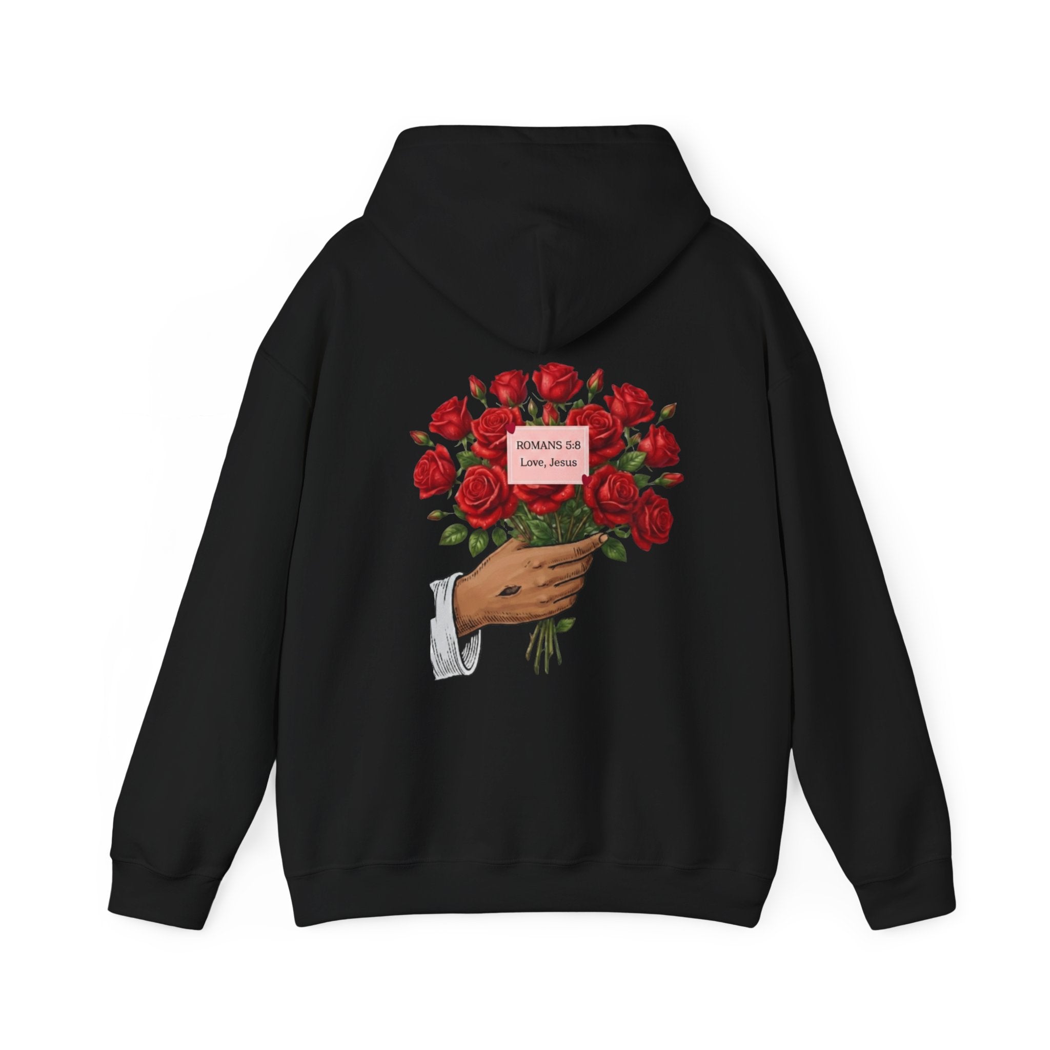 Hoodie — Red Rose Bouquet & Cross Heart Graphic Pullover Jesus hands