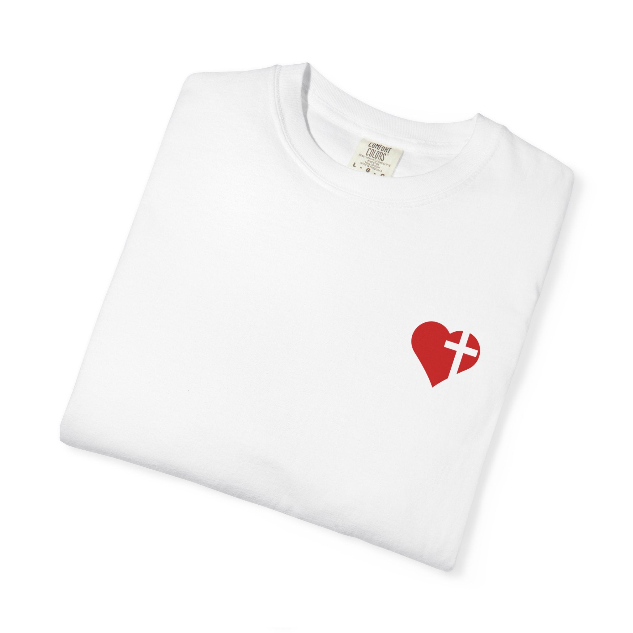 T-Shirt — Jesus Hand Offering Red Rose Bouquet with Heart & Cross