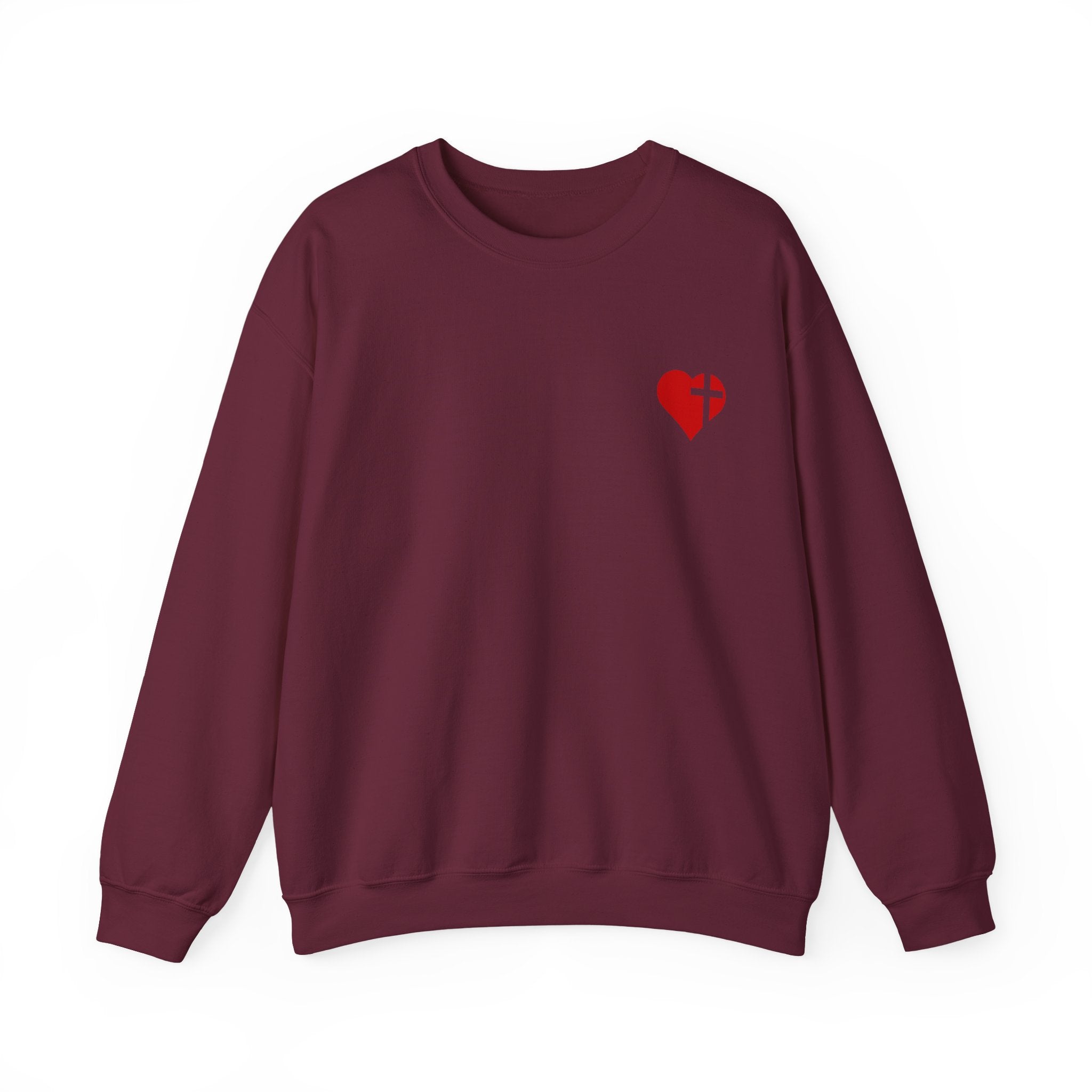 Crewneck Sweatshirt — Vintage Red Rose Bouquet with Broken Heart & 'Romance Is Love, Jesus' Design